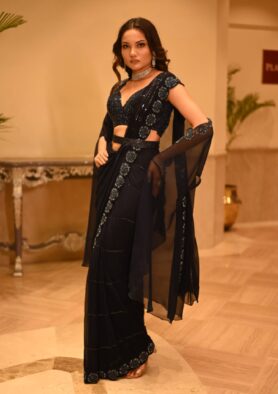 Ishqira Pre draped Saree with Hand-Embellished Floral Accents