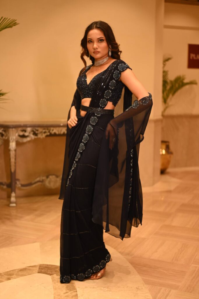 Ishqira Pre draped Saree with Hand-Embellished Floral Accents