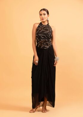 Black Mirage- Sequin Sheer Top with Statement Drape Dhoti