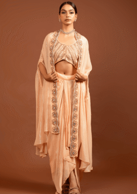 Saanvi: Embellished Peach Draped Dhoti Set with Cape