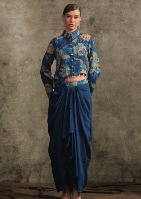 Nuraya printed jacket Dhoti set
