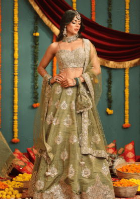 Olive Crystal Lehenga Set